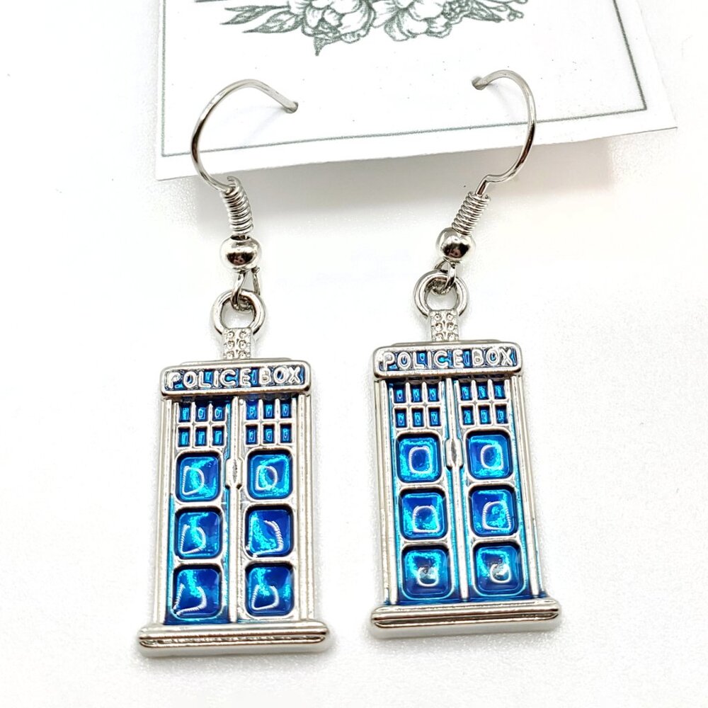 Handmade Silvertone Dr Who Tardis Police Box Flat Dangle Earrings, New